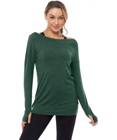 Long Sleeve Workout Shirts-Off Shoulder Long Sleeve Yoga Sports Long T-Shirt Activewear with Thumb Hole Green $11.68 Activewear