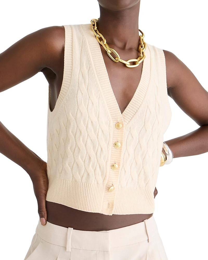 Women's V Neck Button Front Sleeveless Soft Cable Knit Sweater Vest Crop Top Beige $20.29 Sweaters