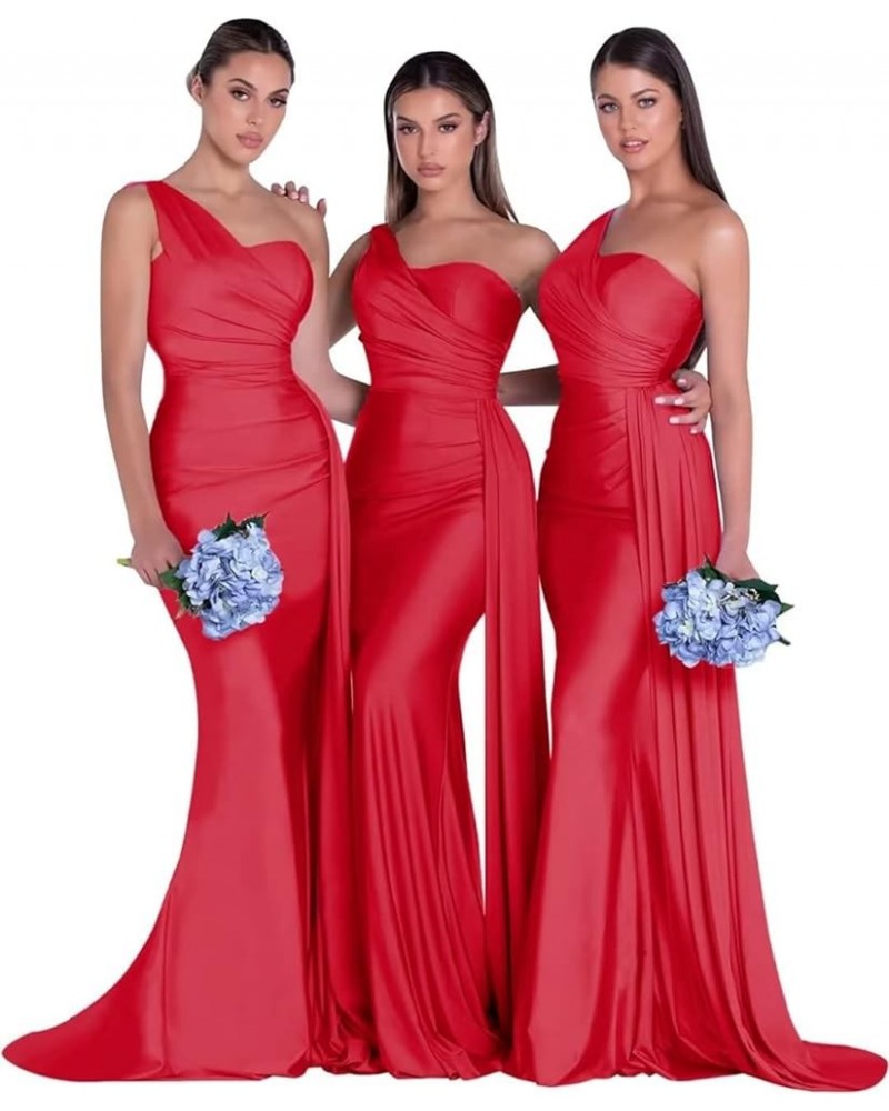 One Shoulder Mermaid Bridesmaid Dresses Long Ruched Bodycon Satin Formal Prom Gowns with Slit Hot Pink $35.63 Dresses