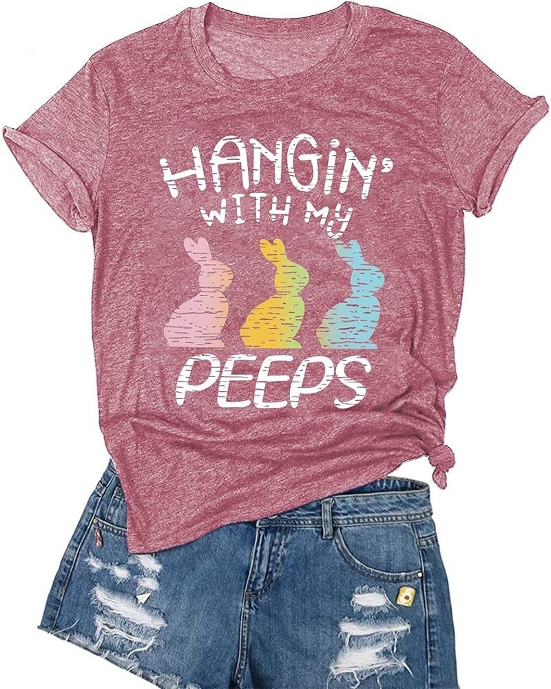 Happy Easter Shirts for Women - Hanging with My Peeps Shirt Cute Bunny Graphic Tees Easter Tshirts Shirts Letter Printed Top ...