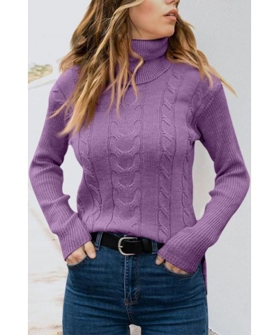 Women's Long Sleeve Turtleneck Chunky Knitted Pullover Soft Jumper Sweater Tops Light Purple $23.00 Sweaters