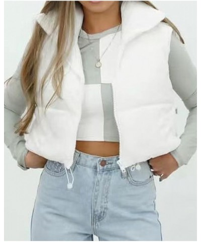 Womens Cropped Puffer Vest Padded Zip Up Lightweight Glite Stand Collar Sleeveless Warm Outerwear White $21.44 Vests