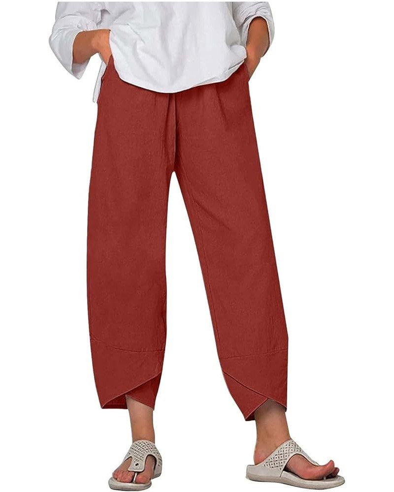 Linen Pants for Women Casual Summer Elastic Waist Sweatpants Boho Floral Print Wide Leg Palazzo Trousers with Pocket 05 Wine ...