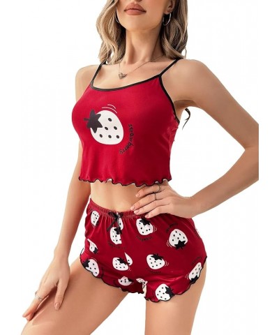 Women's Cute Cartoon Print Pajama Set Cami Top and Shorts Lounge Set Sleepwear Burgundy $7.79 Sleep & Lounge