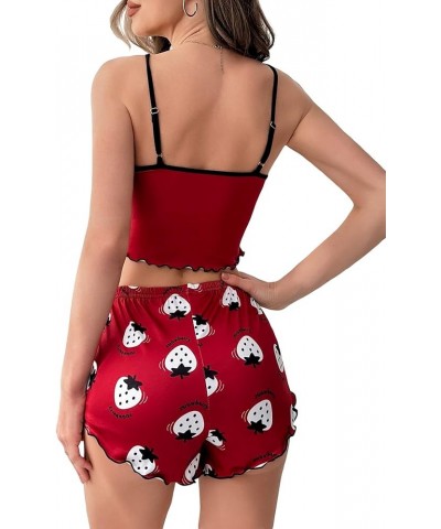 Women's Cute Cartoon Print Pajama Set Cami Top and Shorts Lounge Set Sleepwear Burgundy $7.79 Sleep & Lounge