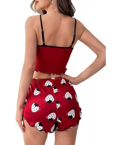 Women's Cute Cartoon Print Pajama Set Cami Top and Shorts Lounge Set Sleepwear Burgundy $7.79 Sleep & Lounge