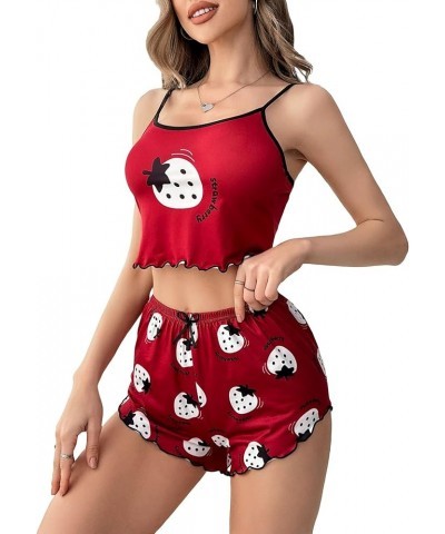 Women's Cute Cartoon Print Pajama Set Cami Top and Shorts Lounge Set Sleepwear Burgundy $7.79 Sleep & Lounge