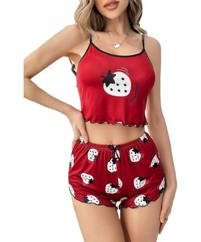 Women's Cute Cartoon Print Pajama Set Cami Top and Shorts Lounge Set Sleepwear Burgundy $7.79 Sleep & Lounge