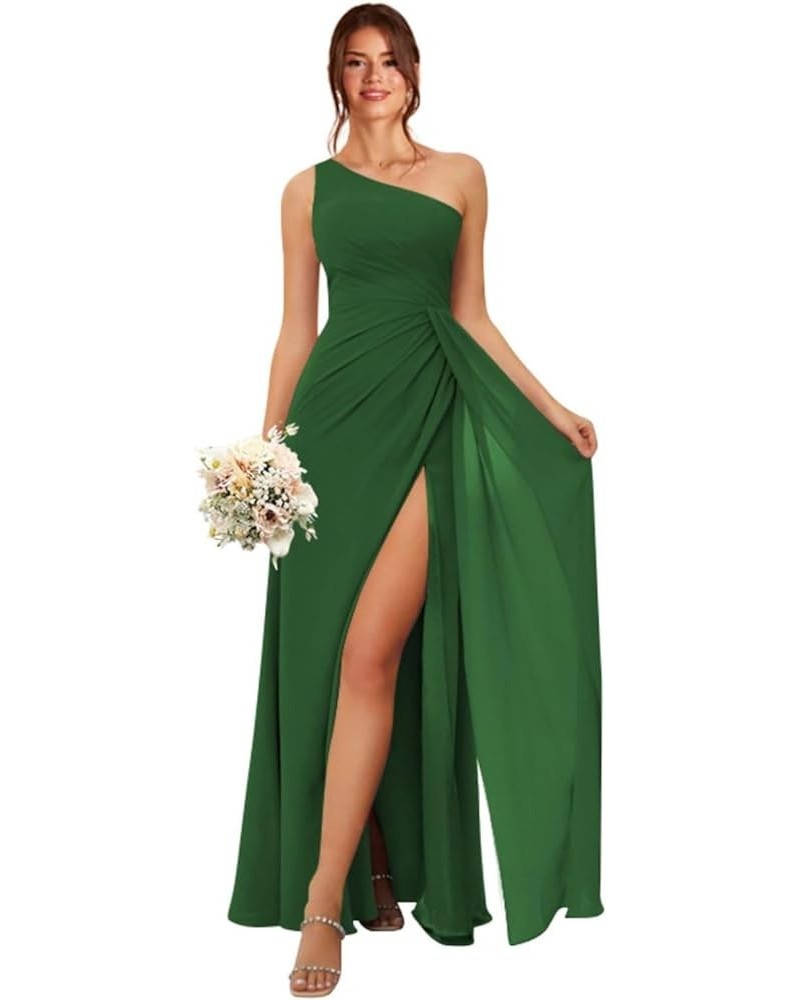 Women's One Shoulder Bridesmaid Dresses Long A-Line Ruched Split Formal Prom Evening Dress MA08 Emerald Green $33.25 Dresses