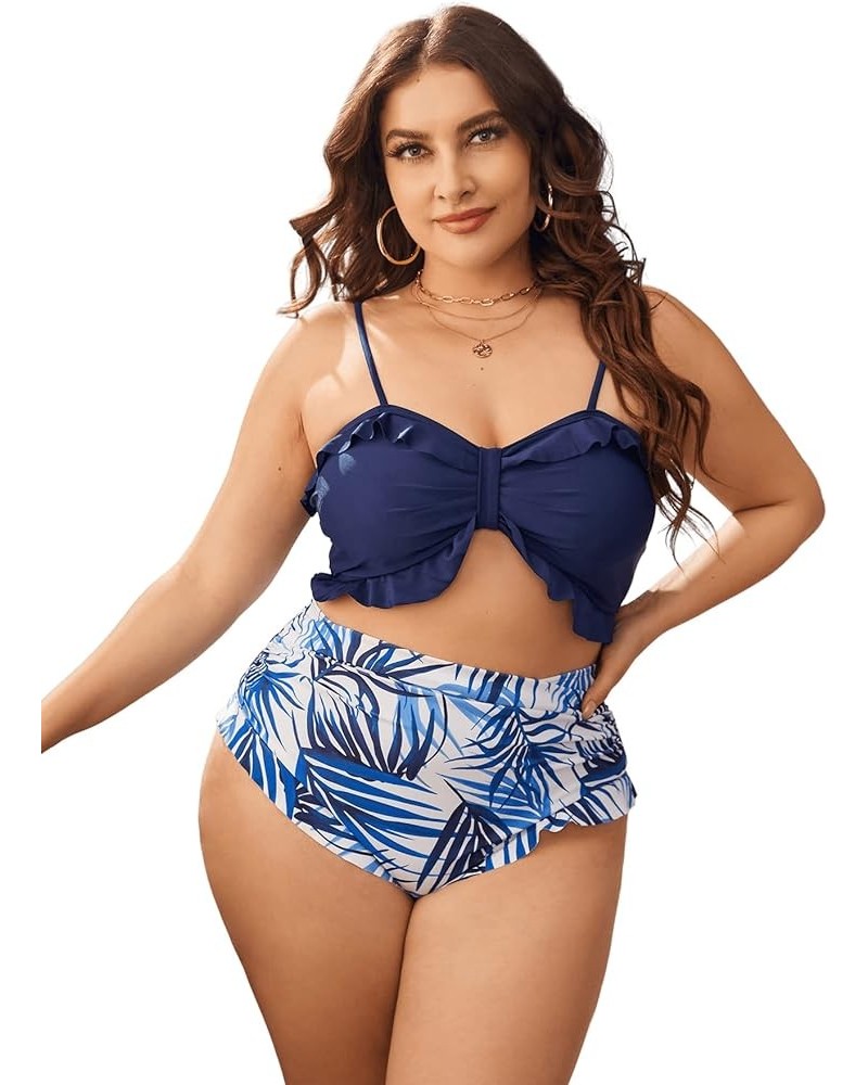 Women's Plus Size 2 Pieces Tropical Print Ruffle Trim Spaghetti Strap High Waist Bikini Swimsuit Set Navy Blue $11.48 Swimsuits