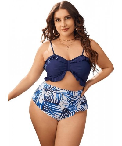 Women's Plus Size 2 Pieces Tropical Print Ruffle Trim Spaghetti Strap High Waist Bikini Swimsuit Set Navy Blue $11.48 Swimsuits