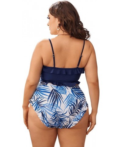 Women's Plus Size 2 Pieces Tropical Print Ruffle Trim Spaghetti Strap High Waist Bikini Swimsuit Set Navy Blue $11.48 Swimsuits