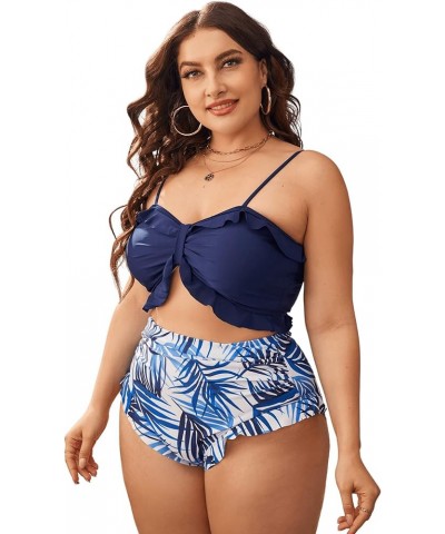 Women's Plus Size 2 Pieces Tropical Print Ruffle Trim Spaghetti Strap High Waist Bikini Swimsuit Set Navy Blue $11.48 Swimsuits