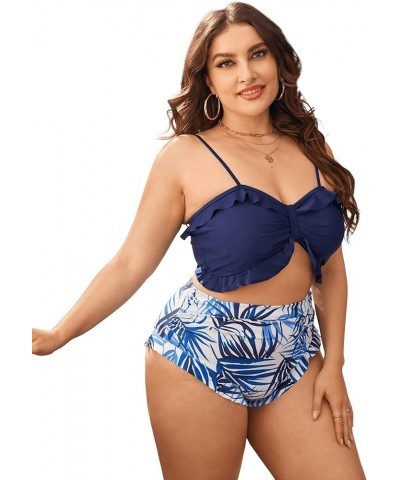 Women's Plus Size 2 Pieces Tropical Print Ruffle Trim Spaghetti Strap High Waist Bikini Swimsuit Set Navy Blue $11.48 Swimsuits