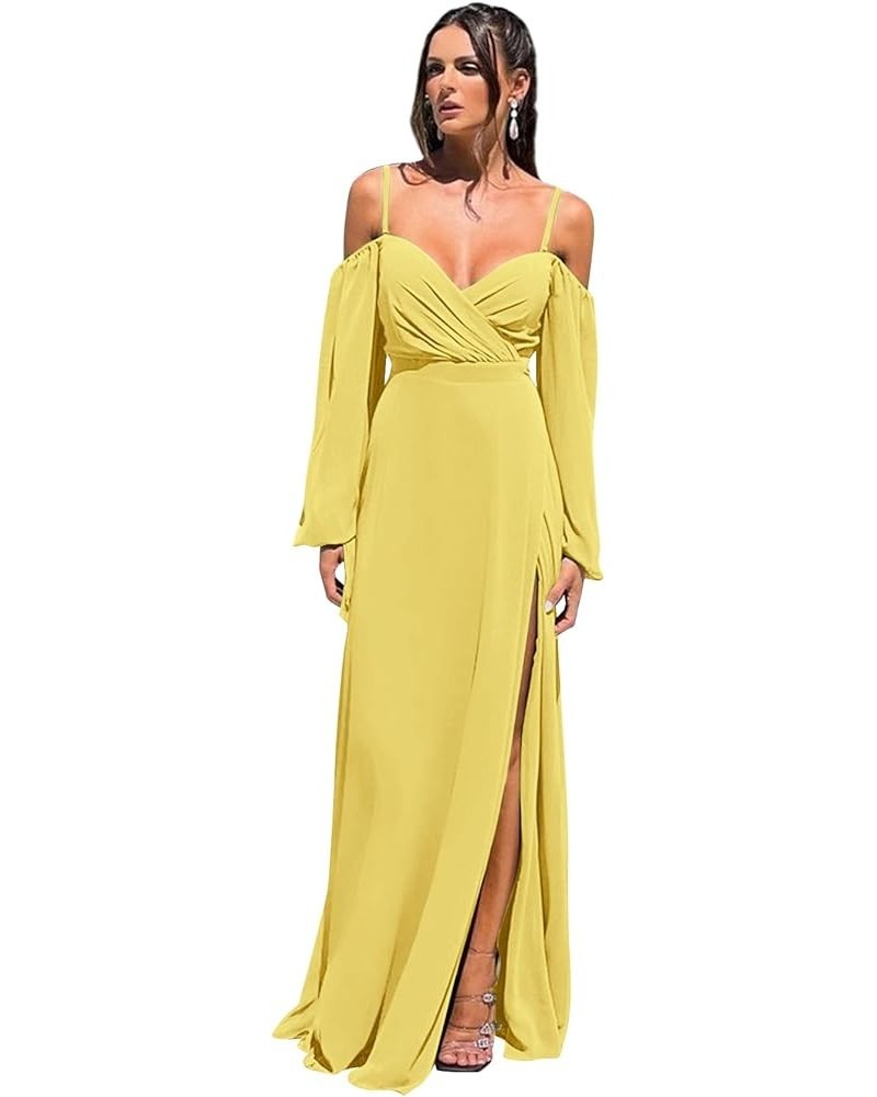 Cold Shoulder Long Sleeve Bridesmaid Dresses with Slit for Wedding Ruched Chiffon Formal Evening Gown Mustard Yellow $26.00 D...