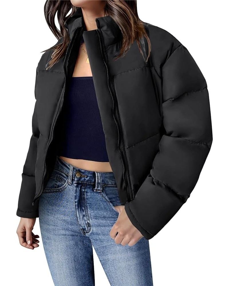 Women's Winter Puffer Jacket Oversized Zip Up Quilted Coat Stand Collar Crop Padded Jackets with Pockets Black $13.24 Jackets