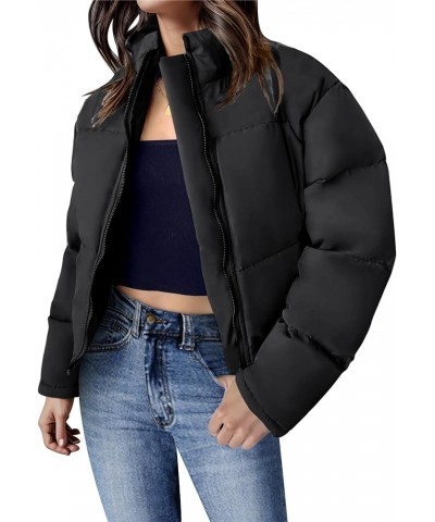 Women's Winter Puffer Jacket Oversized Zip Up Quilted Coat Stand Collar Crop Padded Jackets with Pockets Black $13.24 Jackets