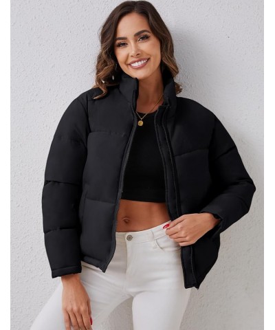 Women's Winter Puffer Jacket Oversized Zip Up Quilted Coat Stand Collar Crop Padded Jackets with Pockets Black $13.24 Jackets