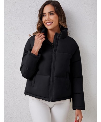 Women's Winter Puffer Jacket Oversized Zip Up Quilted Coat Stand Collar Crop Padded Jackets with Pockets Black $13.24 Jackets