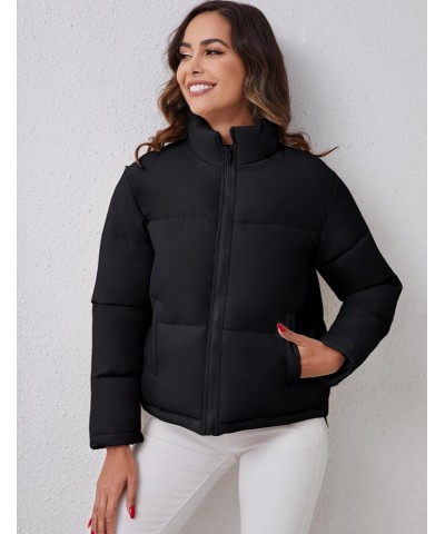 Women's Winter Puffer Jacket Oversized Zip Up Quilted Coat Stand Collar Crop Padded Jackets with Pockets Black $13.24 Jackets