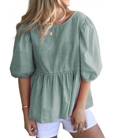 Womens Summer Peplum Tops Loose Casual Tunic 2023 Balloon Sleeve Blouses Crew Neck Cute Shirts Light Green $13.80 Tops