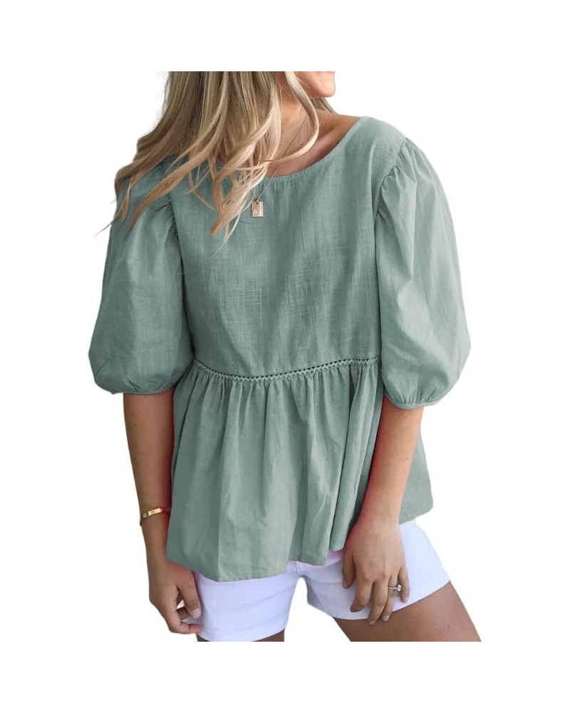 Womens Summer Peplum Tops Loose Casual Tunic 2023 Balloon Sleeve Blouses Crew Neck Cute Shirts Light Green $13.80 Tops