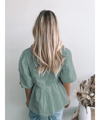 Womens Summer Peplum Tops Loose Casual Tunic 2023 Balloon Sleeve Blouses Crew Neck Cute Shirts Light Green $13.80 Tops