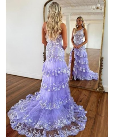 One Shoulder Tiered Lace Tulle Prom Dress Long Split Mermaid Evening Formal Party Gowns Steel Blue $36.96 Dresses