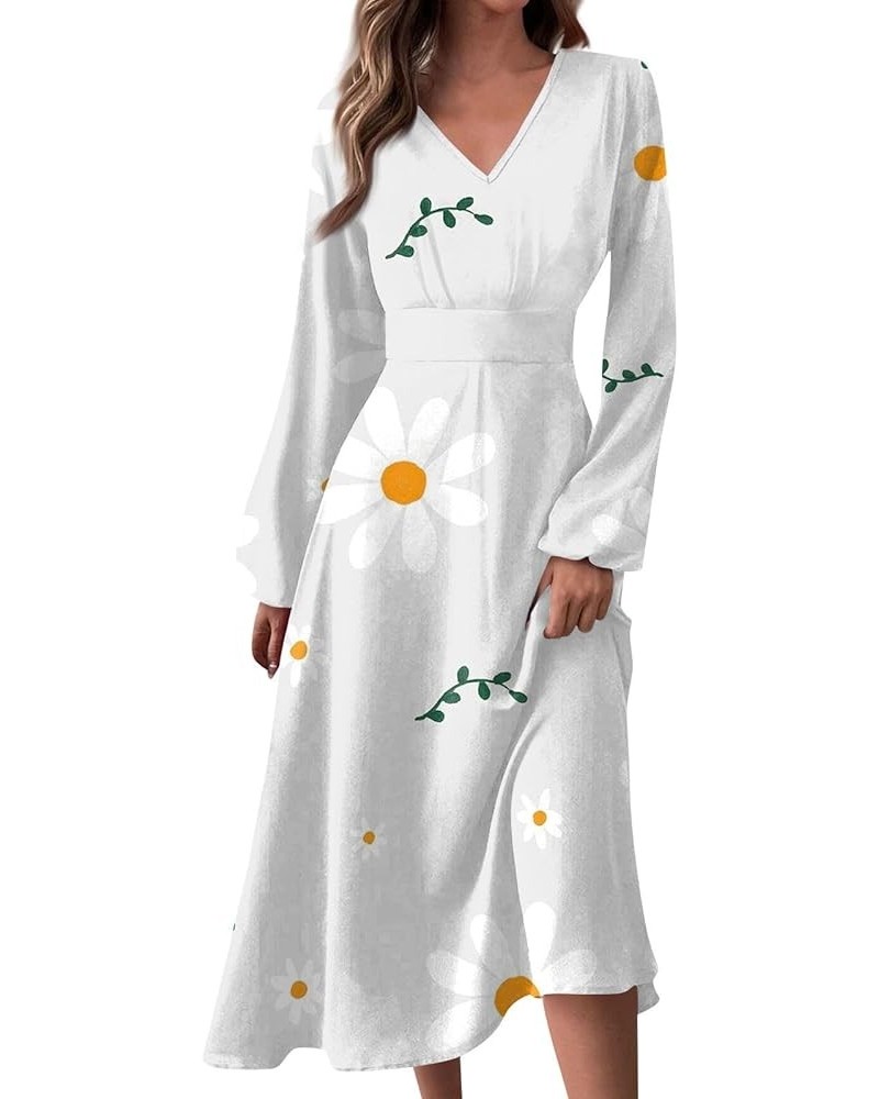 Women's 2024 Fall Midi Dress Casual Long Sleeve V Neck Floral Printed A Line High Waist Dresses for Women 03-white $10.69 Dre...