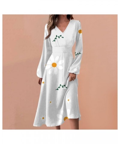 Women's 2024 Fall Midi Dress Casual Long Sleeve V Neck Floral Printed A Line High Waist Dresses for Women 03-white $10.69 Dre...