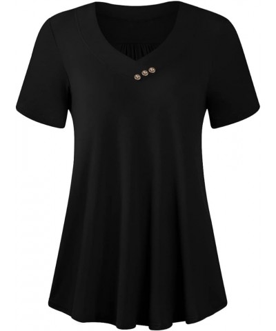 Womens Summer Casual Short Sleeve Tunic Top V-Neck Button Up Loose Blouse Shirt for Leggings V Button-black $10.99 Tops