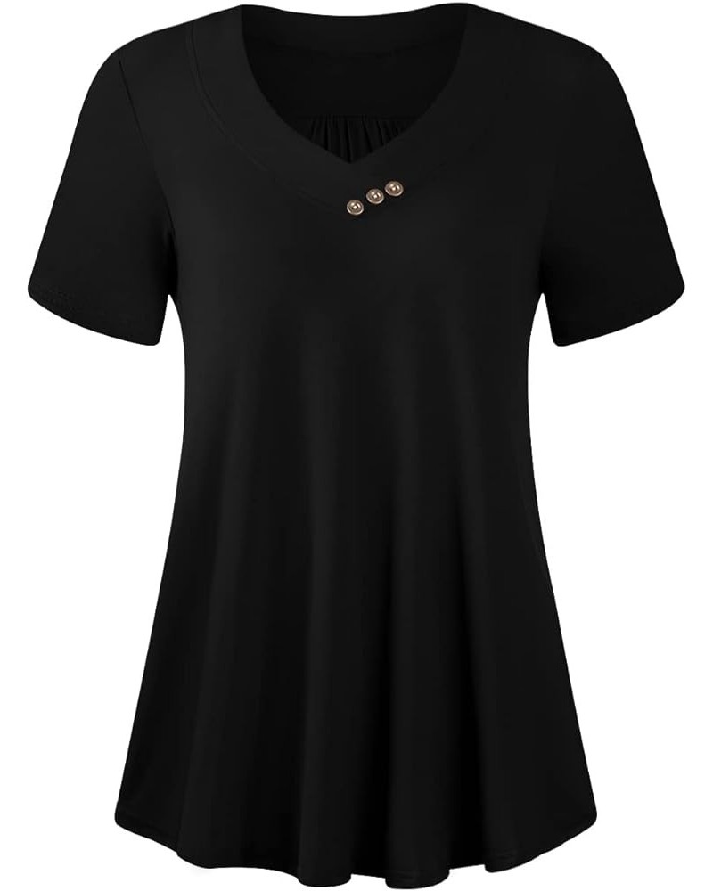 Womens Summer Casual Short Sleeve Tunic Top V-Neck Button Up Loose Blouse Shirt for Leggings V Button-black $10.99 Tops