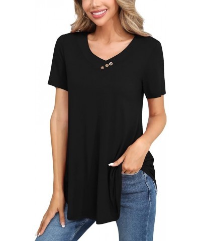 Womens Summer Casual Short Sleeve Tunic Top V-Neck Button Up Loose Blouse Shirt for Leggings V Button-black $10.99 Tops