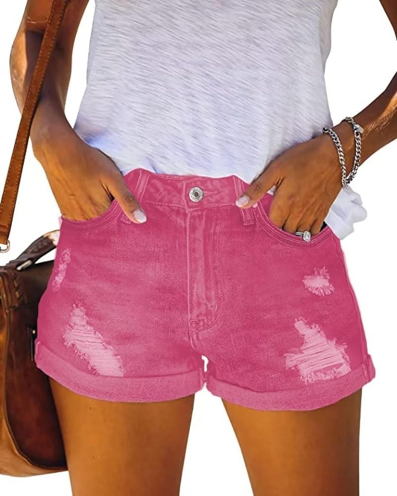 2024 Womens Casual Mid/High Waisted Denim Shorts Summer Stretchy Ripped Jean Shorts for Women C Rose Red $16.28 Shorts