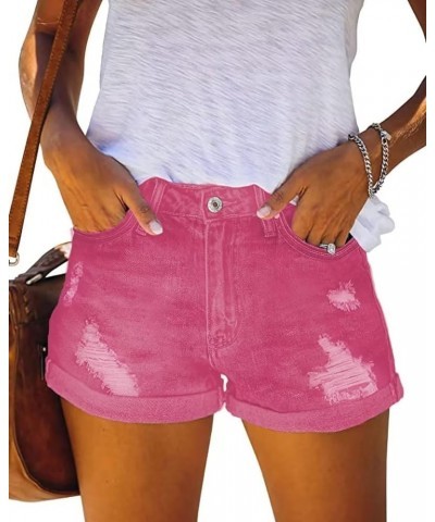 2024 Womens Casual Mid/High Waisted Denim Shorts Summer Stretchy Ripped Jean Shorts for Women C Rose Red $16.28 Shorts