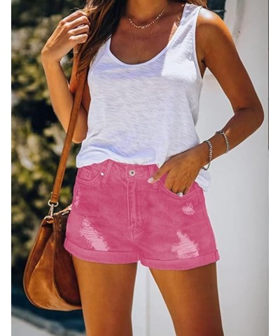 2024 Womens Casual Mid/High Waisted Denim Shorts Summer Stretchy Ripped Jean Shorts for Women C Rose Red $16.28 Shorts