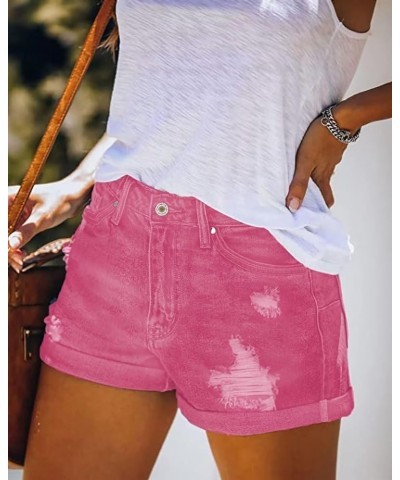 2024 Womens Casual Mid/High Waisted Denim Shorts Summer Stretchy Ripped Jean Shorts for Women C Rose Red $16.28 Shorts