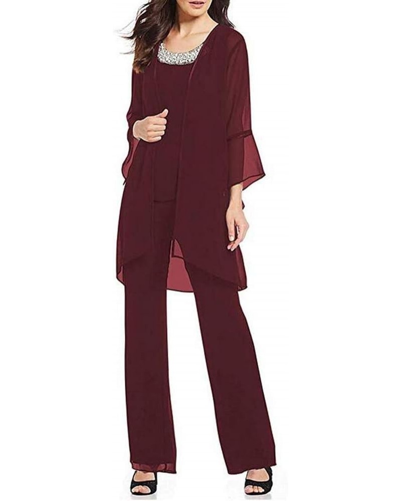 Women's Burgundy Formal Mother of The Bride Dress Pant Suits 3 Pieces Chiffon Lace Outfit for Wedding Grooms Plus Size US26W ...