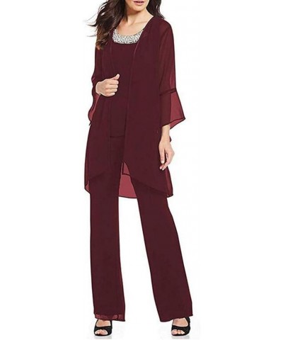 Women's Burgundy Formal Mother of The Bride Dress Pant Suits 3 Pieces Chiffon Lace Outfit for Wedding Grooms Plus Size US26W ...