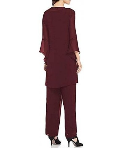 Women's Burgundy Formal Mother of The Bride Dress Pant Suits 3 Pieces Chiffon Lace Outfit for Wedding Grooms Plus Size US26W ...