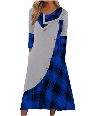 Women's Bodycon Dresses Fashion Plaid Stitching Button Pockets Pile Neck Long Sleeve Dress Fall Dresses Blue $4.00 Dresses