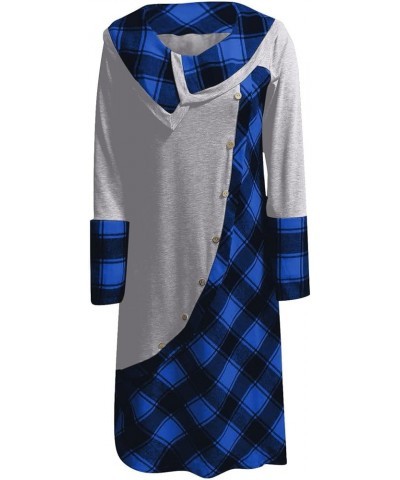 Women's Bodycon Dresses Fashion Plaid Stitching Button Pockets Pile Neck Long Sleeve Dress Fall Dresses Blue $4.00 Dresses