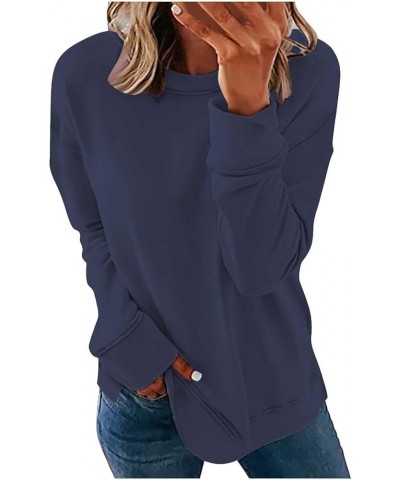 Womens Long Sleeve Crewneck Sweatshirts Solid Color Plain Top Plus Size Dressy Casual Pullover Tops Fall Tunic Blouses 07 Nav...