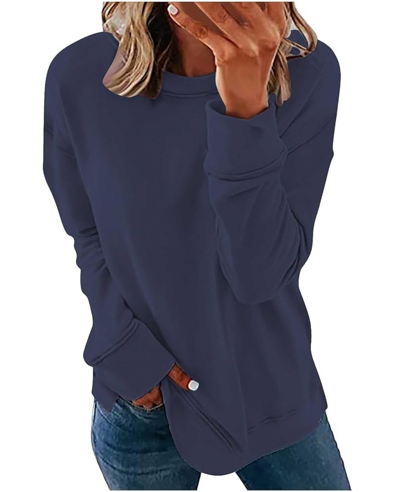 Womens Long Sleeve Crewneck Sweatshirts Solid Color Plain Top Plus Size Dressy Casual Pullover Tops Fall Tunic Blouses 07 Nav...