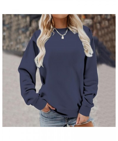 Womens Long Sleeve Crewneck Sweatshirts Solid Color Plain Top Plus Size Dressy Casual Pullover Tops Fall Tunic Blouses 07 Nav...