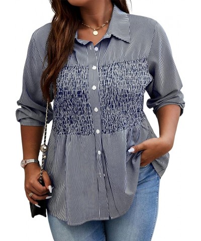 Women's Plus Size Striped Print Collar Neck Button Down Shirt Shirred Blouse Tops Blue and White $11.39 Blouses