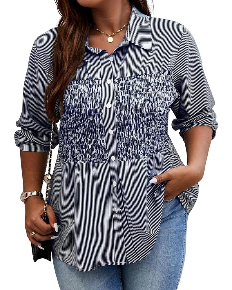 Women's Plus Size Striped Print Collar Neck Button Down Shirt Shirred Blouse Tops Blue and White $11.39 Blouses