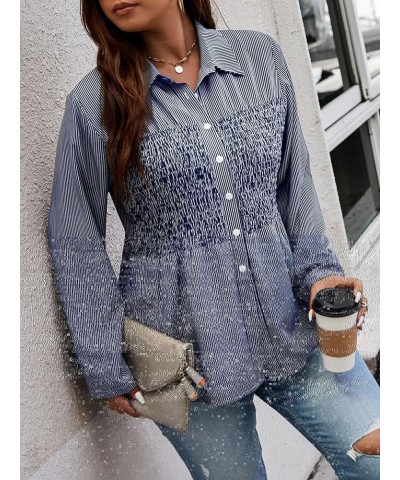 Women's Plus Size Striped Print Collar Neck Button Down Shirt Shirred Blouse Tops Blue and White $11.39 Blouses