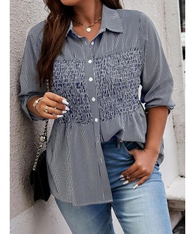 Women's Plus Size Striped Print Collar Neck Button Down Shirt Shirred Blouse Tops Blue and White $11.39 Blouses