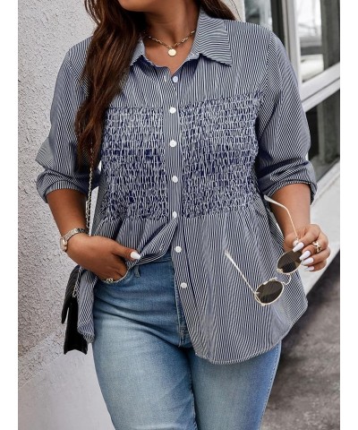 Women's Plus Size Striped Print Collar Neck Button Down Shirt Shirred Blouse Tops Blue and White $11.39 Blouses